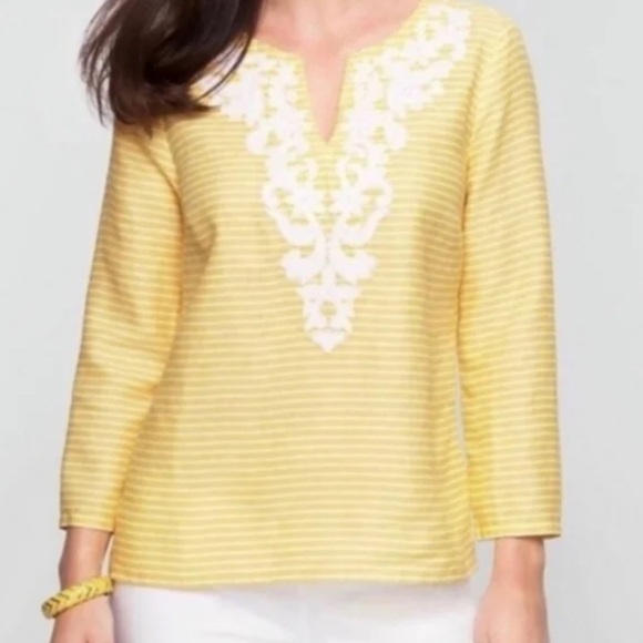 Talbots Tops - Talbots 100% Linen Yellow White Stripe Embroidered Beaded V-Neck Blouse Petite
